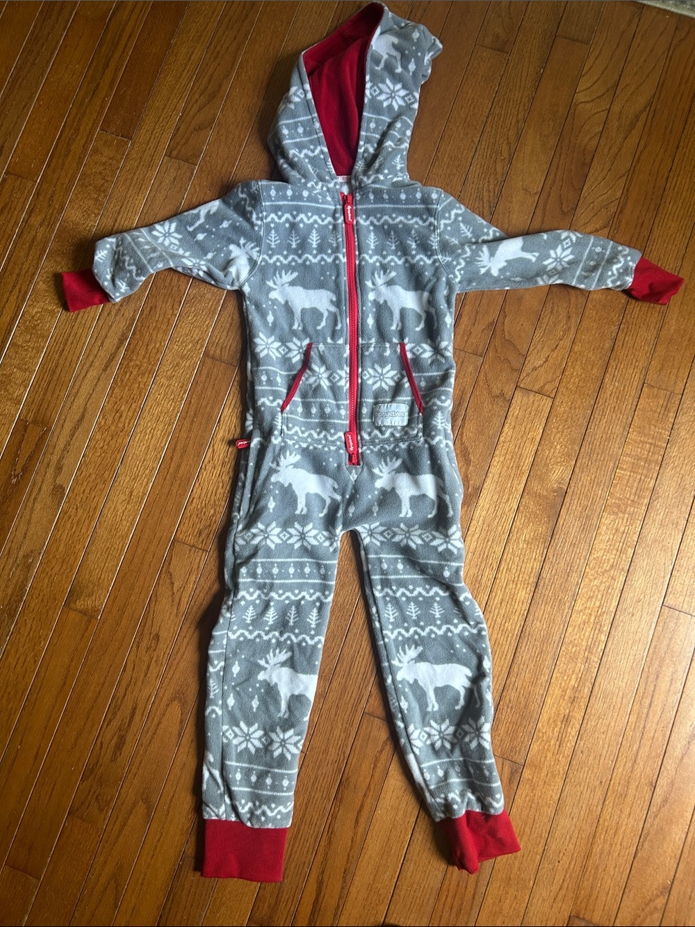 Tipsy Elves Grey Moose Print Hooded Fleece Pajama Onesie with Red Trim - youth
